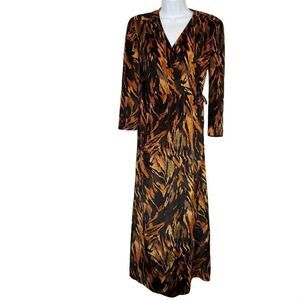 Vintage 70s Tiger Print Velour V Neck Dress Sz M Long Sleeve Brown Black